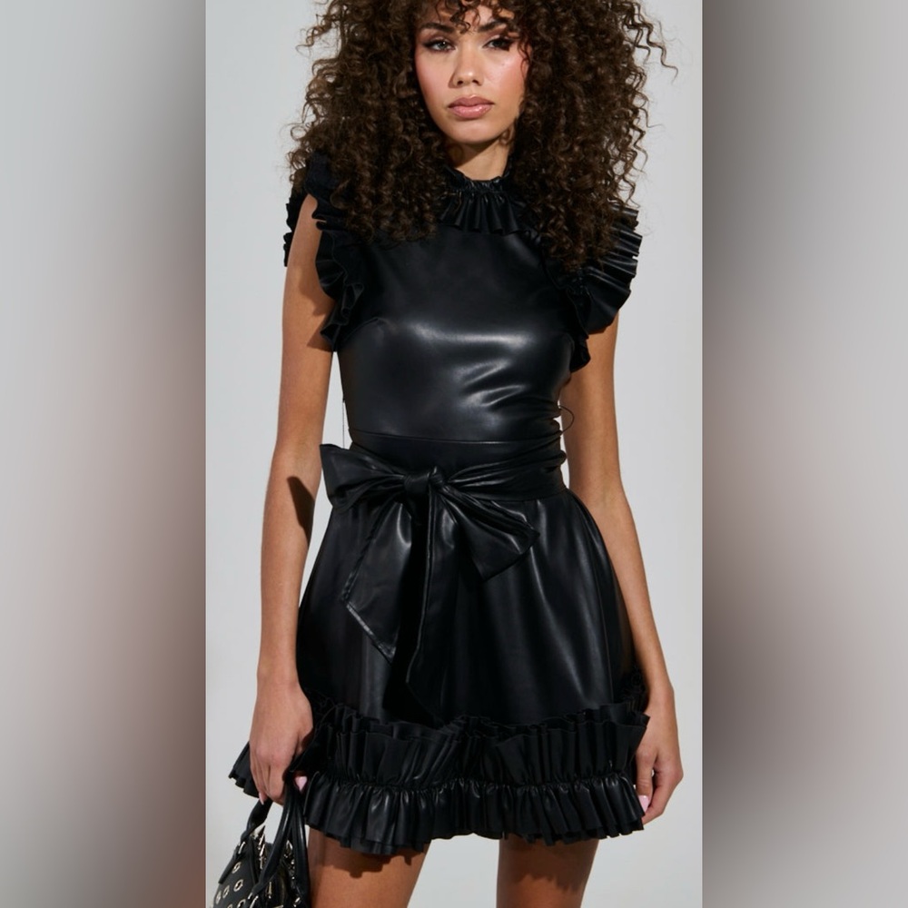 NWT AKIRA black butter soft faux leather belted Ruffled Dress size M